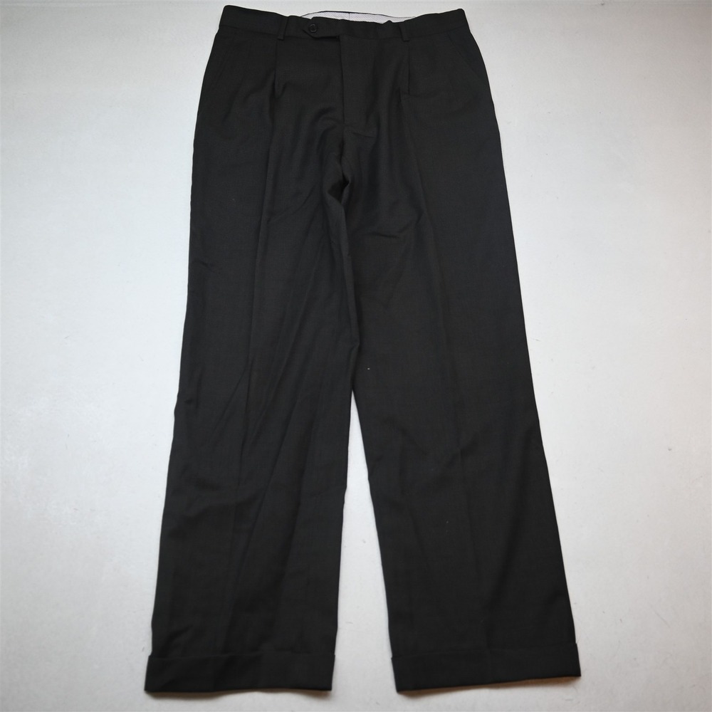Bespoke 34x32 Gray Houndstooth 100% Wool Italy Made Pleated Cuffed Mens Pants